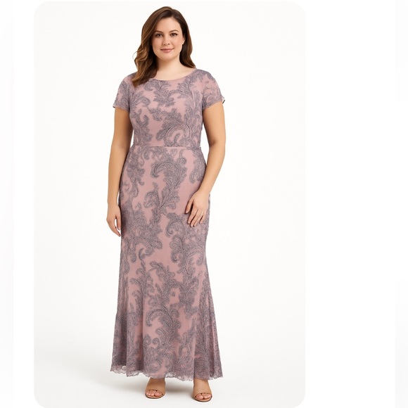 JS Collections Pink and Silver Embroidered Floral Lace Short Sleeve A-line Gown - Picture 1 of 12